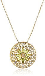 18k Yellow Gold Plated Sterling Silver Genuine Peridot and Diamond Accent Filigree Mandala Pendant Necklace, 18