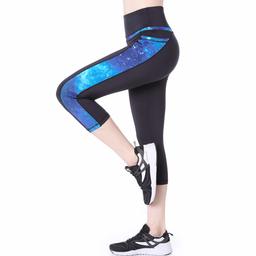 Eono par Amazon - Legging de Sport Femme Pantalon de Yoga Corsaire Taille Haute Poches (Bleu étoilé, XL)