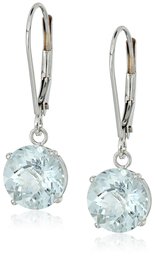 10k White Gold Round Checkerboard Cut Aquamarine Leverback Earrings (8mm)