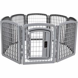 AmazonBasics 8-Panel Plastic Pet Pen Fence Enclosure With Gate - 59 x 58 x 28 Inches, Grey