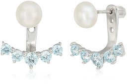 Platinum-Plated Sterling Silver Freshwater Cultured Pearl with Aquamarine Color Swarovski Zirconia Earring Jacket