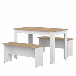 Marca Amazon - AmazonBasics - Juego de mesa de comedor con 2 bancos, 110 x 70 x 73 cm (largo x ancho x alto), roble y blanco