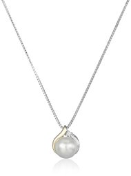 Sterling Silver and 14k Yellow Gold Freshwater Cultured Pearl Diamond Accent Pendant Necklace (8mm), 18