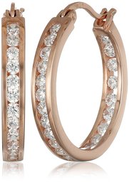 Rose Goldtone Finish Silver Cubic Zirconia Medium Round Hoop Earrings (3/4 cttw)