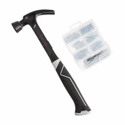 AmazonBasics - Juego de martillo de carpintero bicolor forjado en una pieza y 550 clavos variados, 454 g