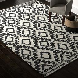 Rivet Black and Ivory Global Print Cotton Rug, 5' x 8',