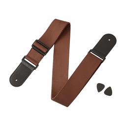 AmazonBasics Adjustable Guitar Strap for Electric/Acoustic Guitar/Bass - Includes 2 Picks - Soft Strap with PU Leather Ends, Brown