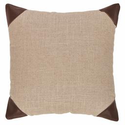 Amazon Brand – Stone & Beam Classic Leather Trim Throw Pillow - 17 x 17 Inch, Flax / Chocolate