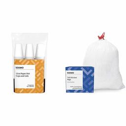 Solimo 12oz Hot Cup and Lid Combo, 75ct & Amazon Brand - Solimo Tall Kitchen Drawstring Trash Bags, 13 Gallon, 120 Count