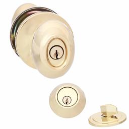 AmazonBasics Exterior Door Knob With Lock and Deadbolt, Oval Egg, Polished Brass