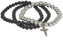 Men's Set of Three Black Lava and Stainless Steel Beaded Stretch with Cross Charm Bracelets