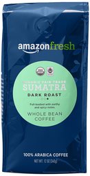 AmazonFresh Organic Fair Trade Sumatra Whole Bean Coffee, Dark Roast, 12 Ounce