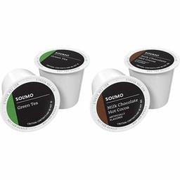 Amazon Brand - 24 Ct. Solimo Tea Pods, Green Tea, Compatible with 2.0 K-Cup Brewers & 24 Ct. Solimo Hot Cocoa Pods, Milk Chocolate Flavored, Compatible with 2.0 K-Cup Brewers