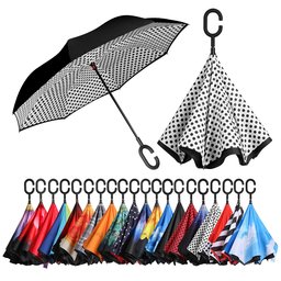 [Amazon Brand] Eono Double Layer Inverted Umbrella, Reverse Folding Umbrella, Self Standing Windproof UV Protection, Travel Umbrella, Car Rain and Outdoor, C-Shape Handles, White Dots