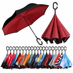 Eono by Amazon - Parapluie Inversé, Anti-UV Double Couche Coupe-Vent Parapluie, Parapluie Résistant au Vent, Parapluie Pliant pour Voitures, Mains Libres Poignée en Forme C Parapluie, Point Rouge