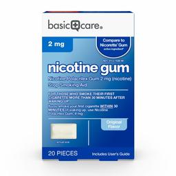 Basic Care Nicotine Polacrilex Gum, 2 mg (nicotine), Original Flavor, Stop Smoking Aid, 20 Count