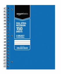 AmazonBasics College Ruled Wirebound 3-Subject 150-Sheet Notebook with Pocket Divider - Pack of 6, 10.5 x 8 Inch, Multi-Color