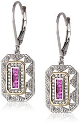 Sterling Silver and 14k Yellow Gold and Created Ruby Art Deco-Style with Diamond Accents Drop Earrings (0.12 cttw, I-J Color, I3 Clarity)