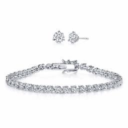 Sterling Silver (Rhodium Plated) Cubic Zirconia Clear Color Round Cut Bracelet and Stud Earrings Set