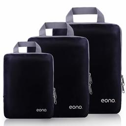 Eono by Amazon - Compression Packing Cubes, Travel Luggage Organiser Set, Travel Cubes, Extensible Organizer Bags for Travel Suitcase Organization, Black, 3 Set