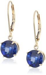 10k Yellow Gold Round Checkerboard Cut Created Blue Sapphire Leverback Earrings (8mm)