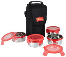 Amazon Brand - Solimo Stainless Steel Lunch Box Set with Bag, 300ml, 11cm Diameter, 4-Pieces, Red Lid