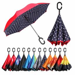 [Amazon Brand] Eono Double Layer Inverted Umbrella, Reverse Folding Umbrella, Self Standing Windproof UV Protection, Travel Umbrella, Car Rain and Outdoor, C-Shape Handles, Blue Dots