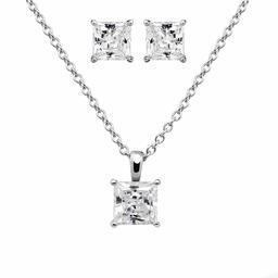 Sterling Silver (Rhodium Plated) Cubic Zirconia Clear Color Princess Cut Solitaire Pendant & Stud Earrings Set