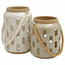 Amazon Brand – Rivet Modern Cylindrical Stoneware Candle Holder Lantern Home Decor Set - Set of 2, Gray and Cream