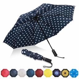 Eono by Amazon - Folding Umbrella Compact Travel Umbrella Durable Rain Umbrella Portable Umbrella with Teflon Coating-Reinforced Canopy, Ergonomic Handle, Auto Open/Close, Blue/White Dot