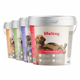 Marque Amazon - Lifelong - Friandises pour chiens, riches in protéines avec dinde, bœuf, canard et agneau (4 seaux x 500gr)