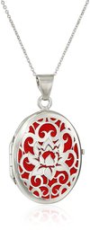 Italian Sterling Silver and Red Lotus Flower Locket Necklace, 18