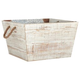 Amazon Brand – Stone & Beam Modern Farmhouse Wood and Galvanized Metal Decor Storage Bin Basket - 15.75 Inch, White Washed