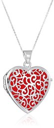 Sterling Silver Italian Red Heart Locket with Freeform Design Pendant Necklace, 18