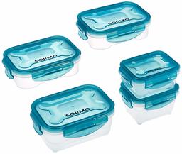 Amazon Brand - Solimo Plastic Food Storage Container Set, (5 pieces, 200ml, 330ml, 600ml, 1L, 1.4L)