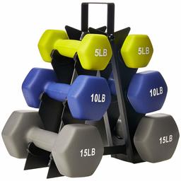 AmazonBasics 48 Pounds Neoprene Workout Dumbbell Weights with Weight Rack - 3 Pairs of Dumbbells