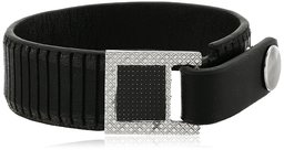 Men's Black Genuine Leather and Stainless Steel Carbon Fiber adjustable Bracelet, 8