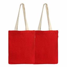 EONO Tote Bags Reusable Shopping Bag Eco-Friendly Recycled Cotton Fabric Handbag Grocery Shoulder Plain Canvas Tote Bags for Women, Men, Girls - Red | 0412 - Pack of 2