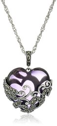 Sterling Silver Oxidized Marcasite and Gemstone Colored Glass Filigree Heart Pendant Necklace, 18