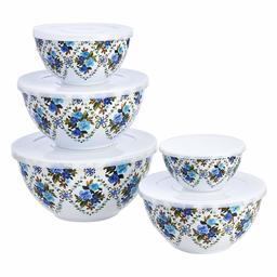 AmazonBasics 10-Piece Mixing Bowl Set with Lids - Non-Slip Base, Blue Rose Floral