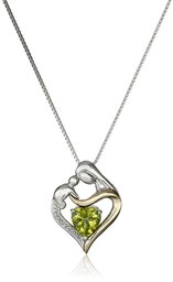 Sterling Silver and 14k Yellow Gold Heart Mother's Jewel Peridot and Diamond Accent Pendant Necklace, 18