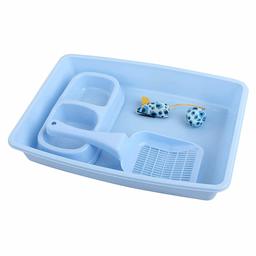 EONO by Amazon Kitty Starter Kit for small animal 4-Pieces included Kitten Litter Tray Pan Toilet Litter Scooper Food Feeding Drinking Water Dual Double Two Bowls Cat Funny Mouse Ball Toy, Blue