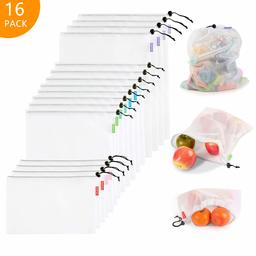 Eono by Amazon - Reusable Shopping Bags, Mesh Produce Bags, Storage Bags, ECO-Friendly, Washable and Lightweight, Perfect for Grocery, Shopping, Storage, Fruit, Vegetable and Toys, 16Pcs (4L+8M+4S)