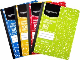 AmazonBasics Wide Ruled Composition Notebook, 100 Sheet, Assorted Marble Colours, 36 Pack