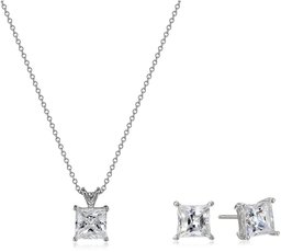 Platinum-Plated Sterling Sterling Silver Swarovski Zirconia Princess-Cut Solitaire Pendant Necklace (18