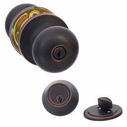 AmazonBasics Exterior Door Knob With Lock and Deadbolt, Round, Oil Rubbed Bronze