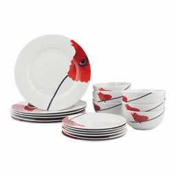 AmazonBasics 18-Piece Kitchen Porcelain Dinnerware Set, Dishes, Bowls, Service for 6, Poppy