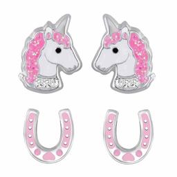 Hikaro 2 x Kinder Ohrringe Einhorn Hufeisen 925 Silber (Pink-Pink)