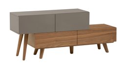 Amazon Brand – Rivet District Mid-Century Expandable TV Media Console, Walnut and Grey Lacquer