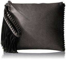 Amazon Brand - The Fix Quinn Suede Fringe Wristlet Clutch, Deep Pewter/Black